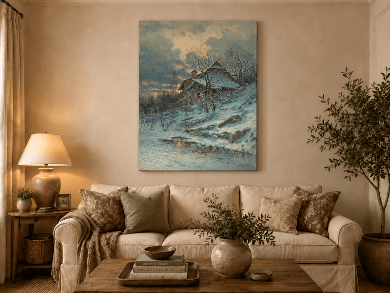 Landscape Oil Painting - Snowy Cottage by Stream and Bare Trees
