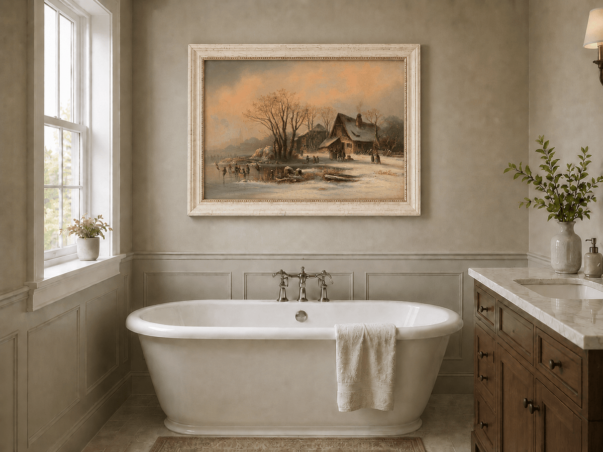 Peinture à l'huile de paysage - Gouffre rocheux spectaculaire avec personnages