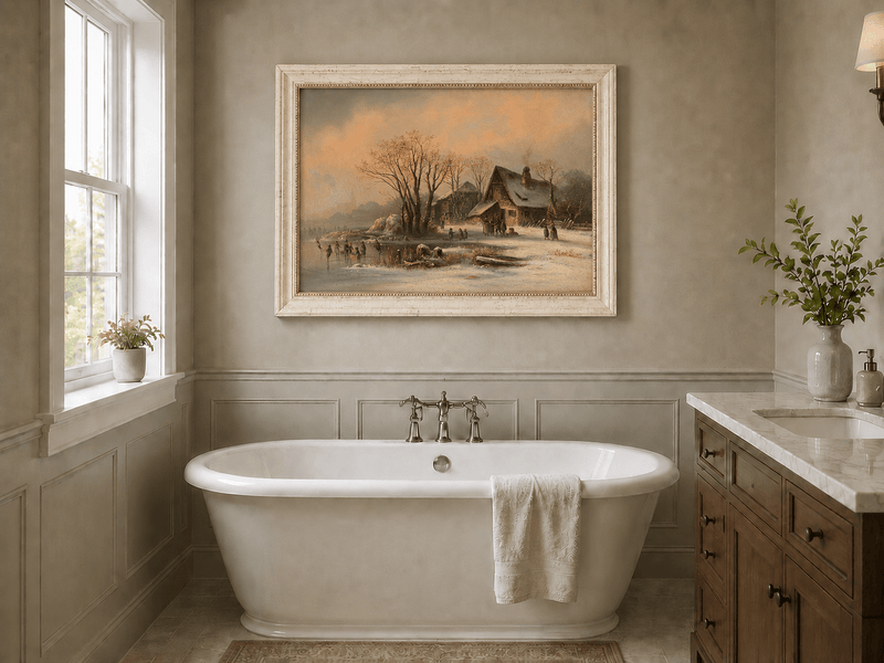 Peinture à l'huile de paysage - Gouffre rocheux spectaculaire avec personnages