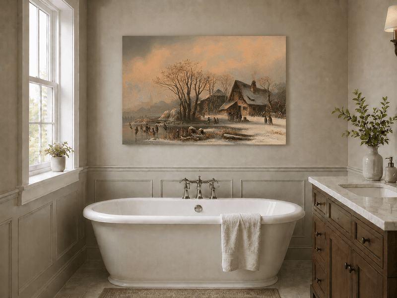 Peinture à l'huile de paysage - Gouffre rocheux spectaculaire avec personnages