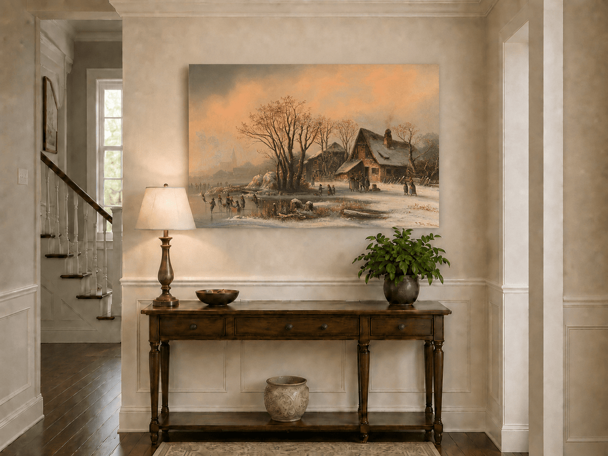 Peinture à l'huile de paysage - Gouffre rocheux spectaculaire avec personnages