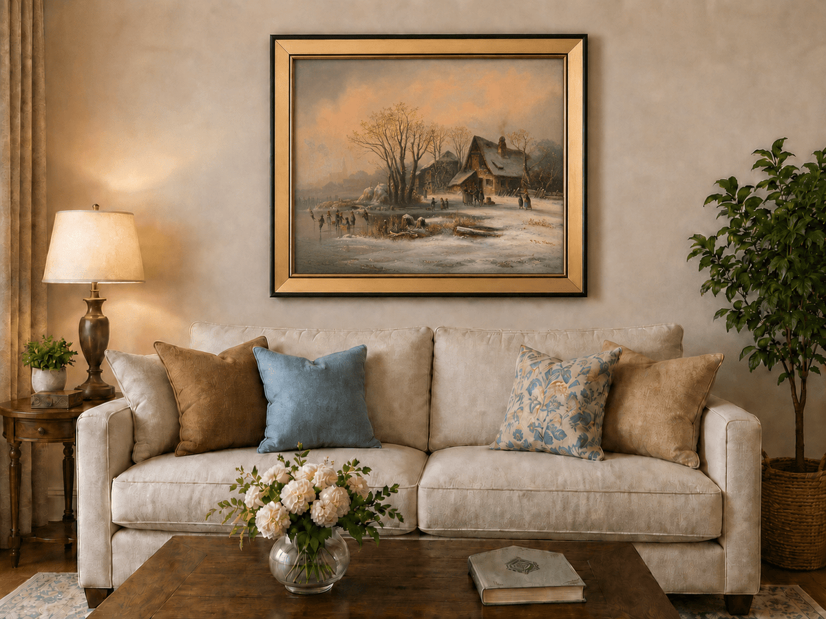 Peinture à l'huile de paysage - Gouffre rocheux spectaculaire avec personnages