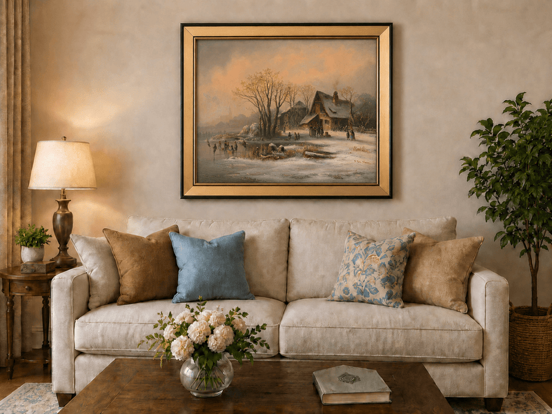 Peinture à l'huile de paysage - Gouffre rocheux spectaculaire avec personnages