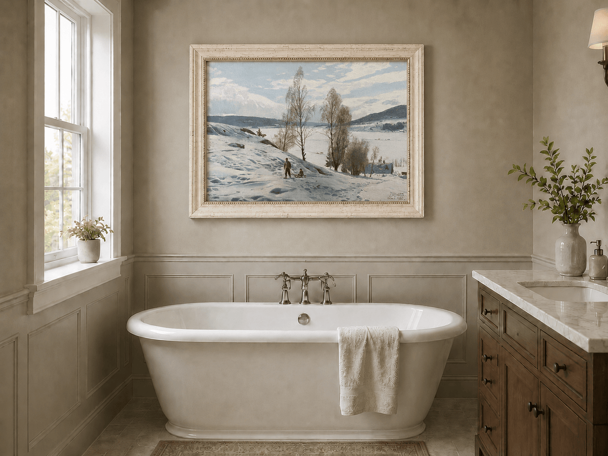 Peinture à l'huile de paysage - Scène de rivière hivernale avec personnages et chevaux