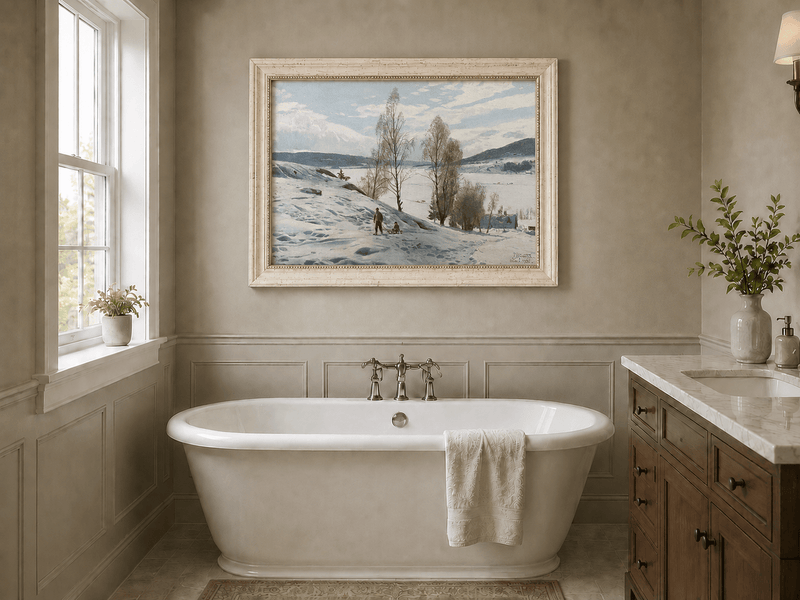 Peinture à l'huile de paysage - Scène de rivière hivernale avec personnages et chevaux