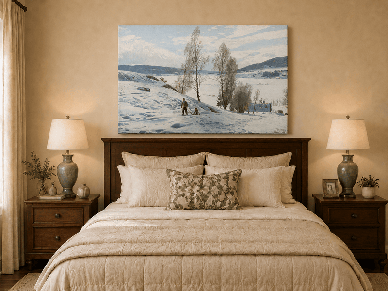 Peinture à l'huile de paysage - Scène de rivière hivernale avec personnages et chevaux