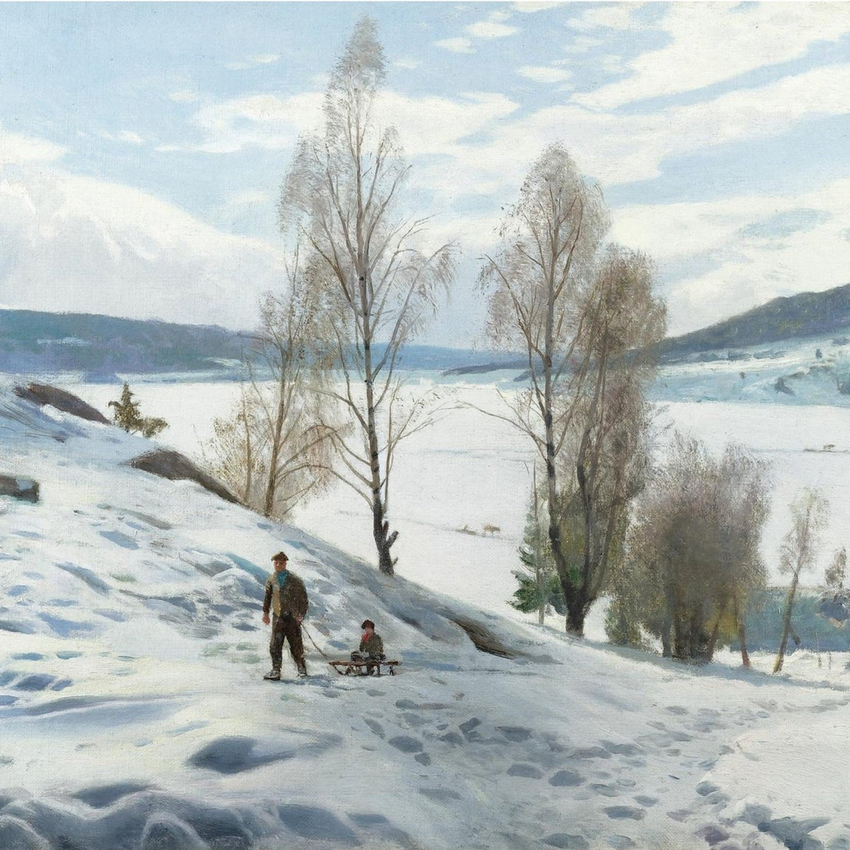 Hand-painted snowy countryside with figures landscape oil painting on canvas