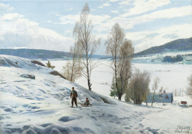 Hand-painted snowy countryside with figures landscape oil painting on canvas