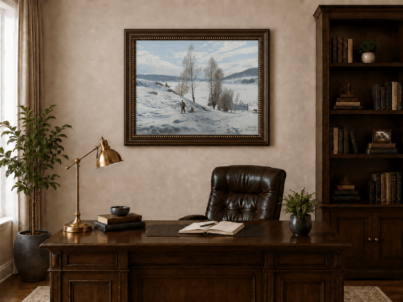 Peinture à l'huile de paysage - Scène de rivière hivernale avec personnages et chevaux