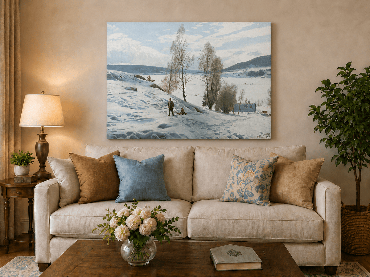 Peinture à l'huile de paysage - Scène de rivière hivernale avec personnages et chevaux