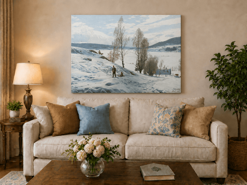 Peinture à l'huile de paysage - Scène de rivière hivernale avec personnages et chevaux