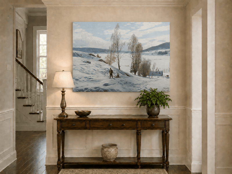 Peinture à l'huile de paysage - Scène de rivière hivernale avec personnages et chevaux