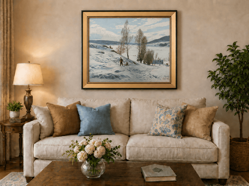 Peinture à l'huile de paysage - Scène de rivière hivernale avec personnages et chevaux
