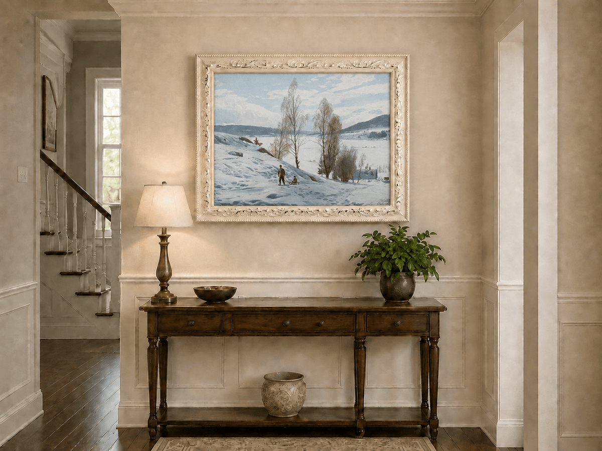 Peinture à l'huile de paysage - Scène de rivière hivernale avec personnages et chevaux