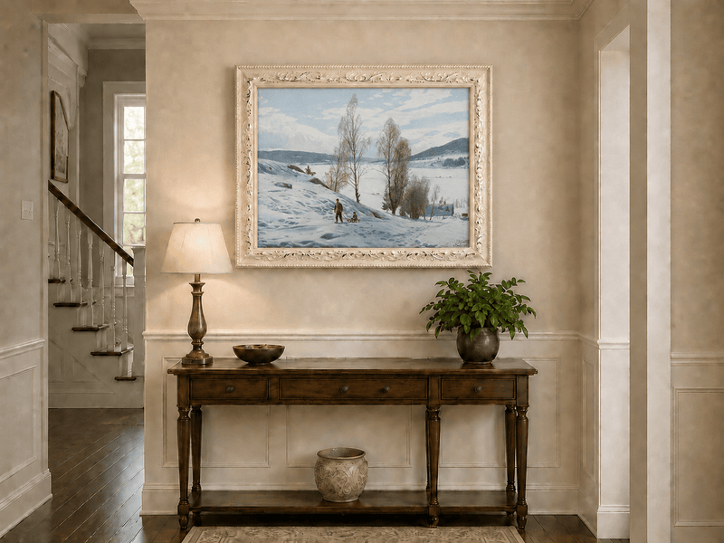 Peinture à l'huile de paysage - Scène de rivière hivernale avec personnages et chevaux