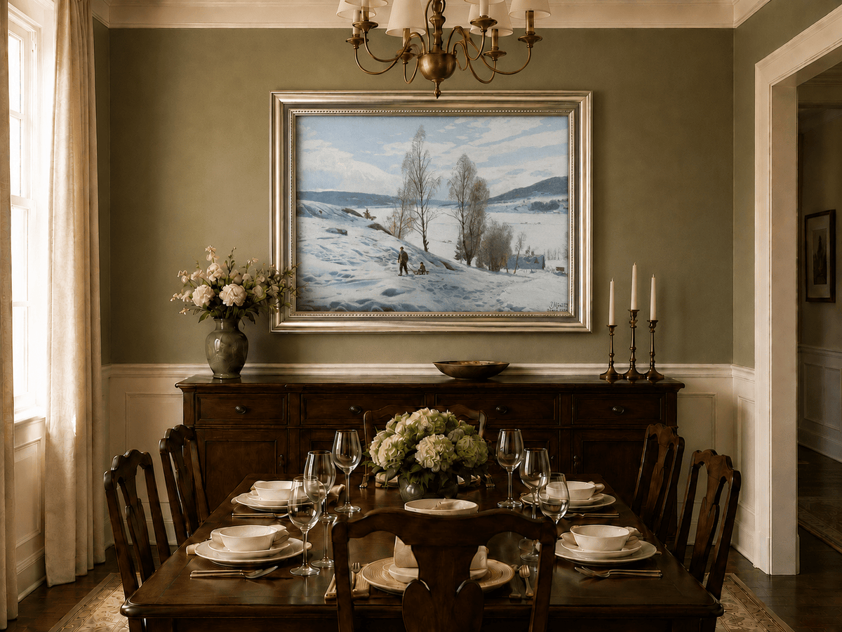 Peinture à l'huile de paysage - Scène de rivière hivernale avec personnages et chevaux