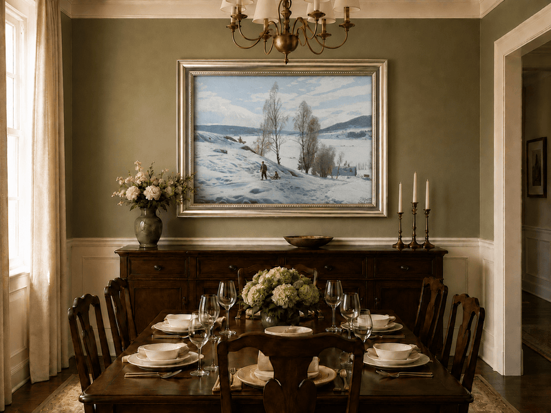 Peinture à l'huile de paysage - Scène de rivière hivernale avec personnages et chevaux