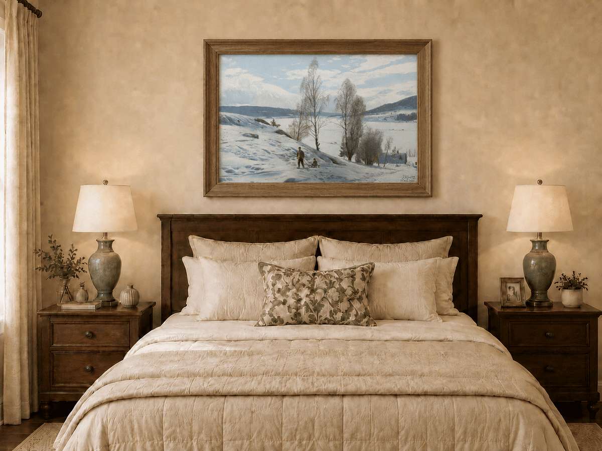 Peinture à l'huile de paysage - Scène de rivière hivernale avec personnages et chevaux