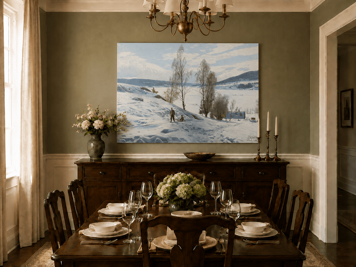 Peinture à l'huile de paysage - Scène de rivière hivernale avec personnages et chevaux