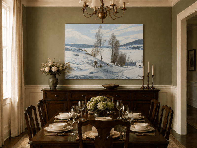 Peinture à l'huile de paysage - Scène de rivière hivernale avec personnages et chevaux