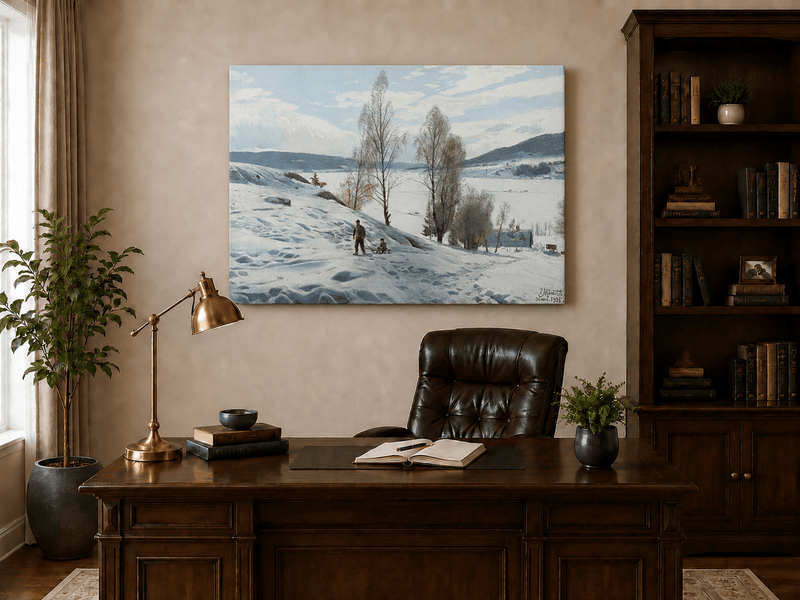 Peinture à l'huile de paysage - Scène de rivière hivernale avec personnages et chevaux