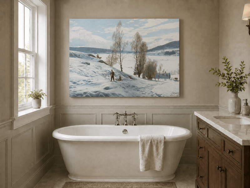 Peinture à l'huile de paysage - Scène de rivière hivernale avec personnages et chevaux