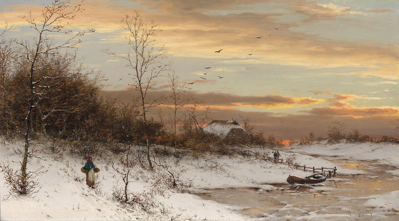 Landscape Oil Painting - Snowy Dusk Scene & Icy River with Lone Figure - Oil Painting Haven