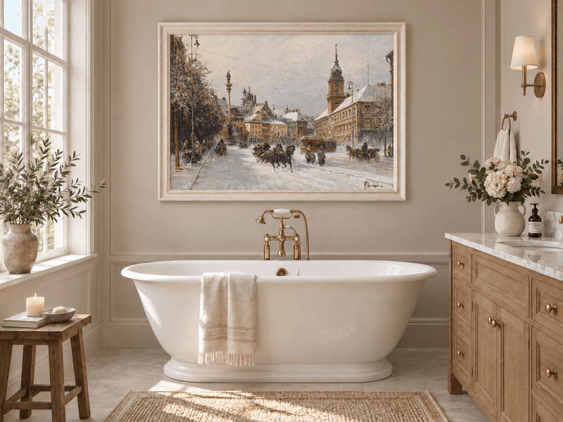 Landscape Oil Painting - Snowy European City Street