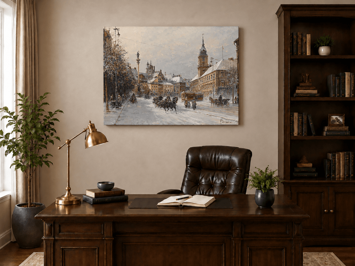 Landscape Oil Painting - Snowy European City Street
