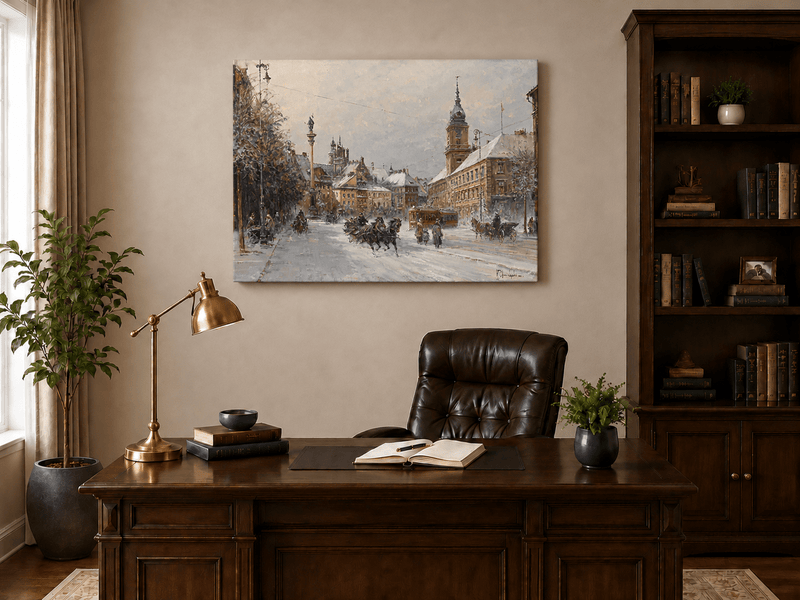 Landscape Oil Painting - Snowy European City Street