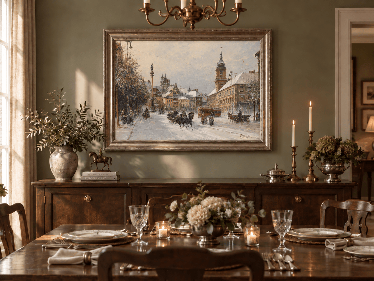 Landscape Oil Painting - Snowy European City Street
