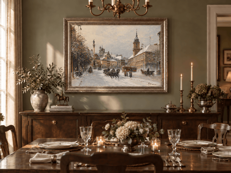 Landscape Oil Painting - Snowy European City Street