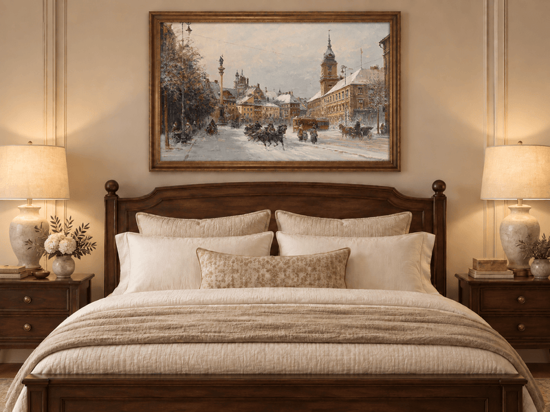 Landscape Oil Painting - Snowy European City Street
