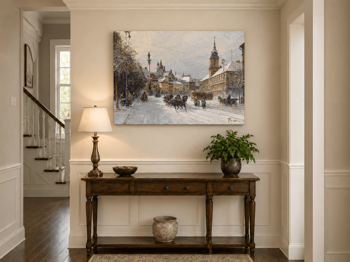 Landscape Oil Painting - Snowy European City Street