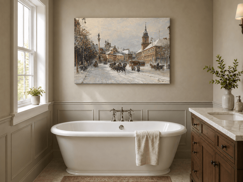 Landscape Oil Painting - Snowy European City Street