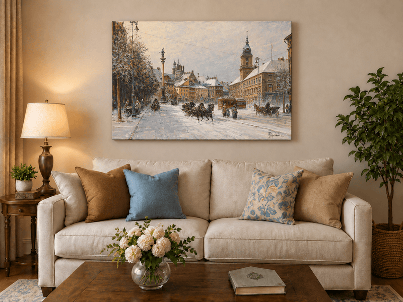 Landscape Oil Painting - Snowy European City Street