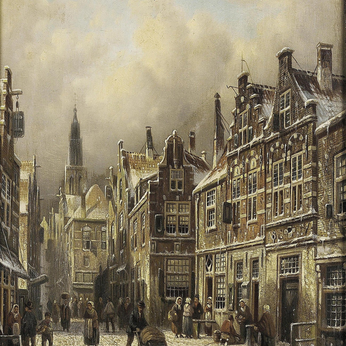 Hand-painted snowy european old town street landscape oil painting on canvas