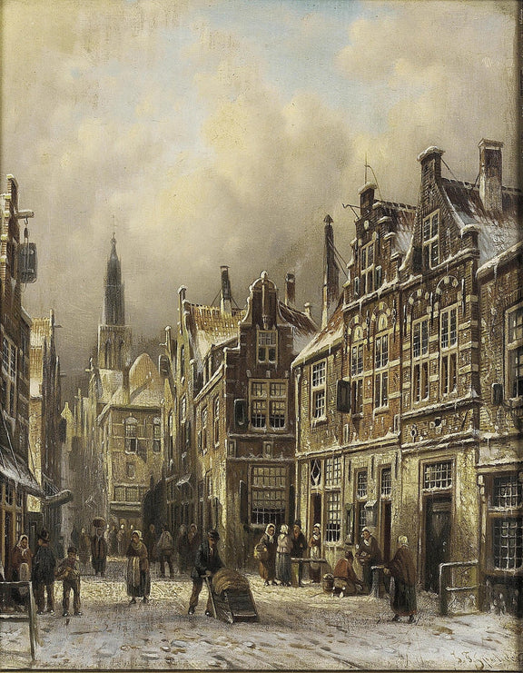 Hand-painted snowy european old town street landscape oil painting on canvas