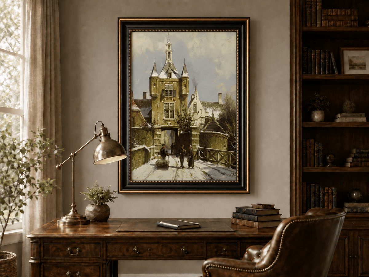Landscape Oil Painting - Snowy European Town Gate