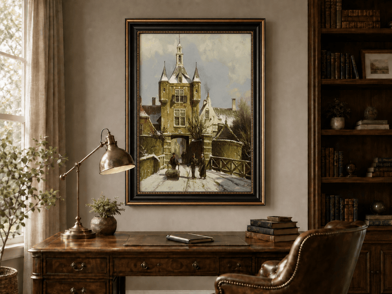 Landscape Oil Painting - Snowy European Town Gate