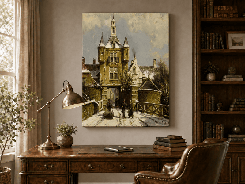 Landscape Oil Painting - Snowy European Town Gate