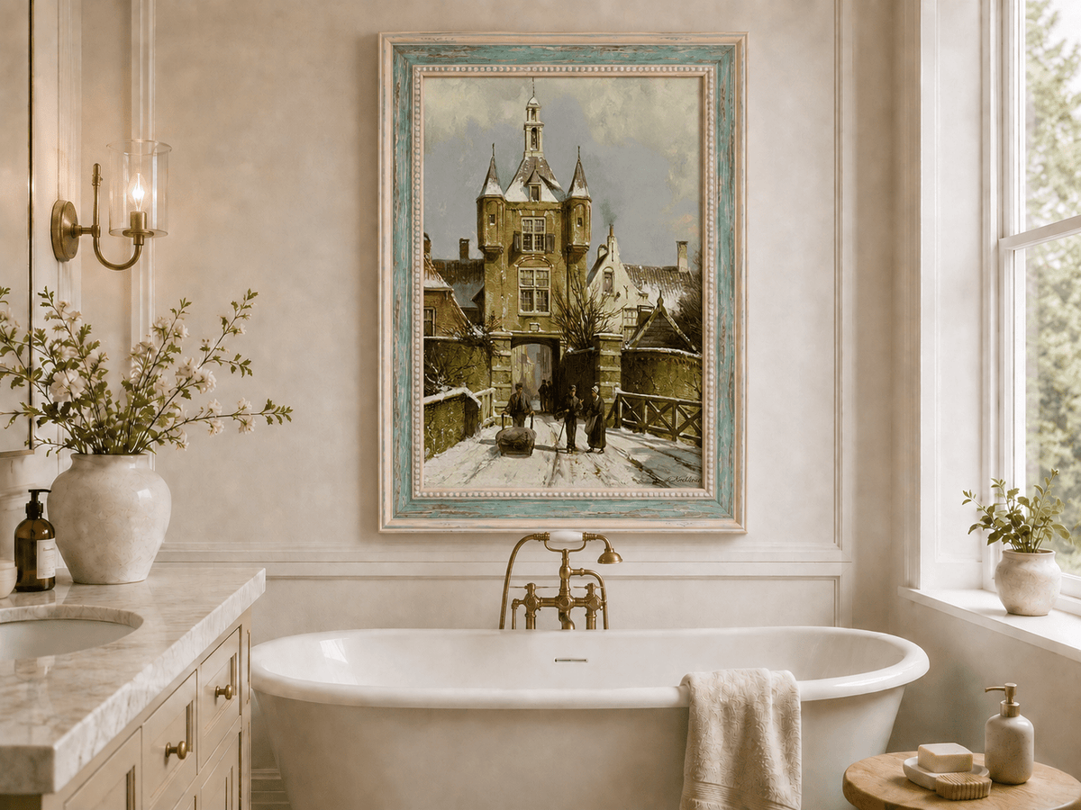 Landscape Oil Painting - Snowy European Town Gate