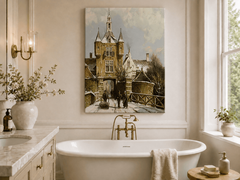 Landscape Oil Painting - Snowy European Town Gate