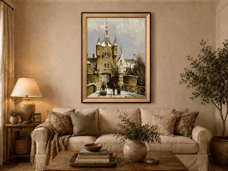 Landscape Oil Painting - Snowy European Town Gate