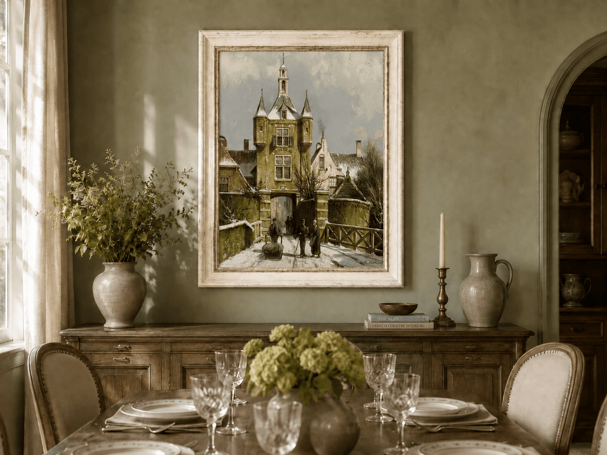 Landscape Oil Painting - Snowy European Town Gate
