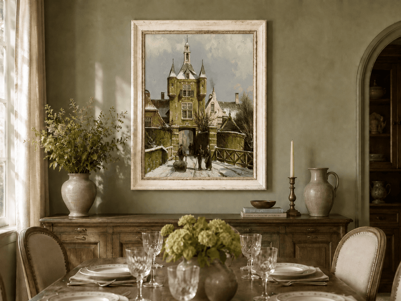 Landscape Oil Painting - Snowy European Town Gate