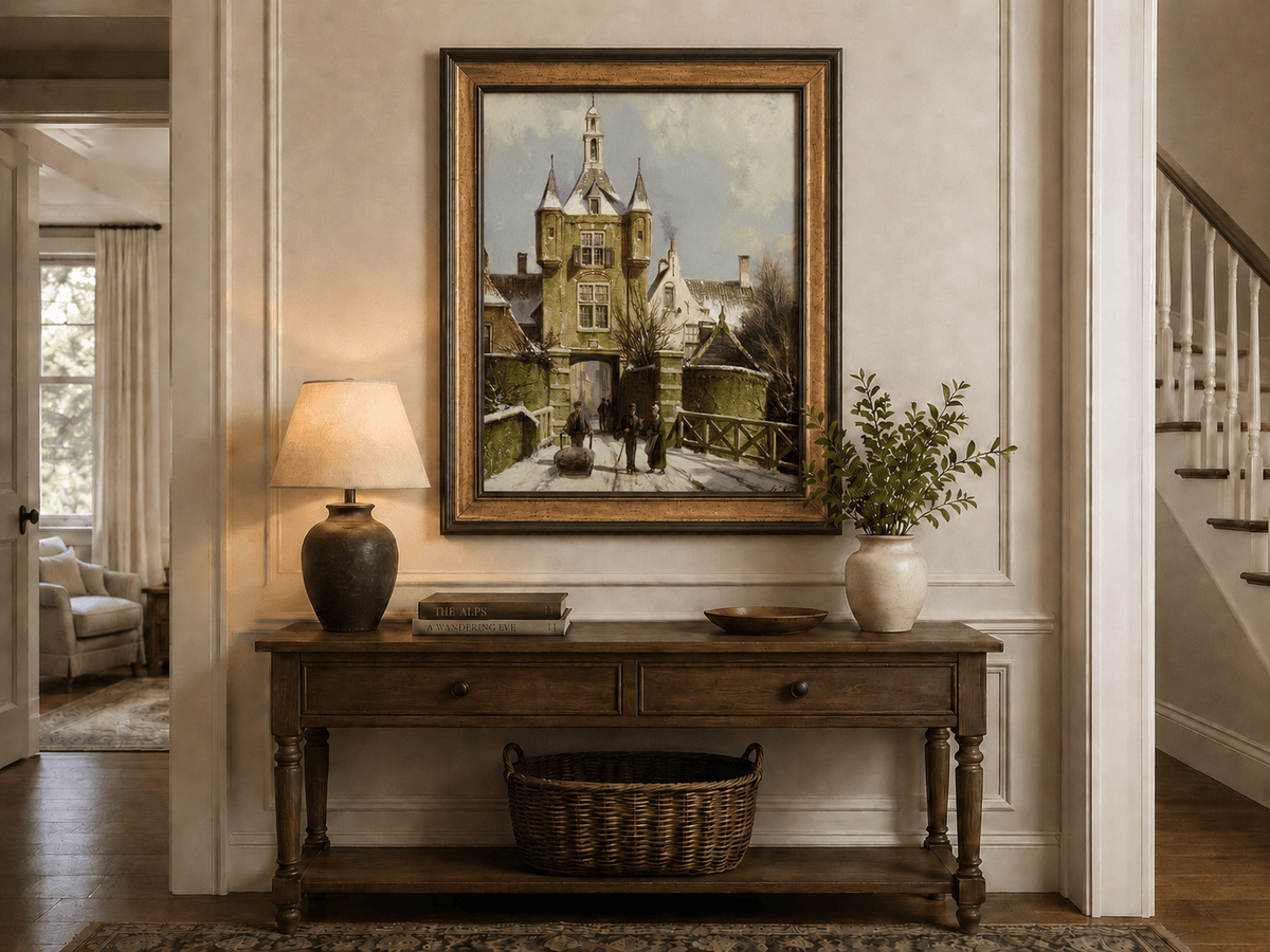 Landscape Oil Painting - Snowy European Town Gate