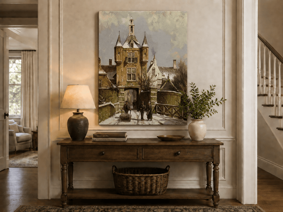 Landscape Oil Painting - Snowy European Town Gate