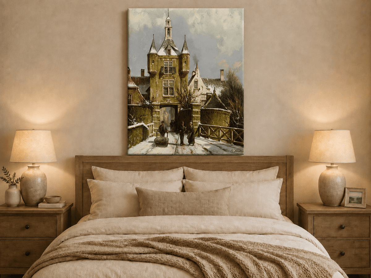 Landscape Oil Painting - Snowy European Town Gate