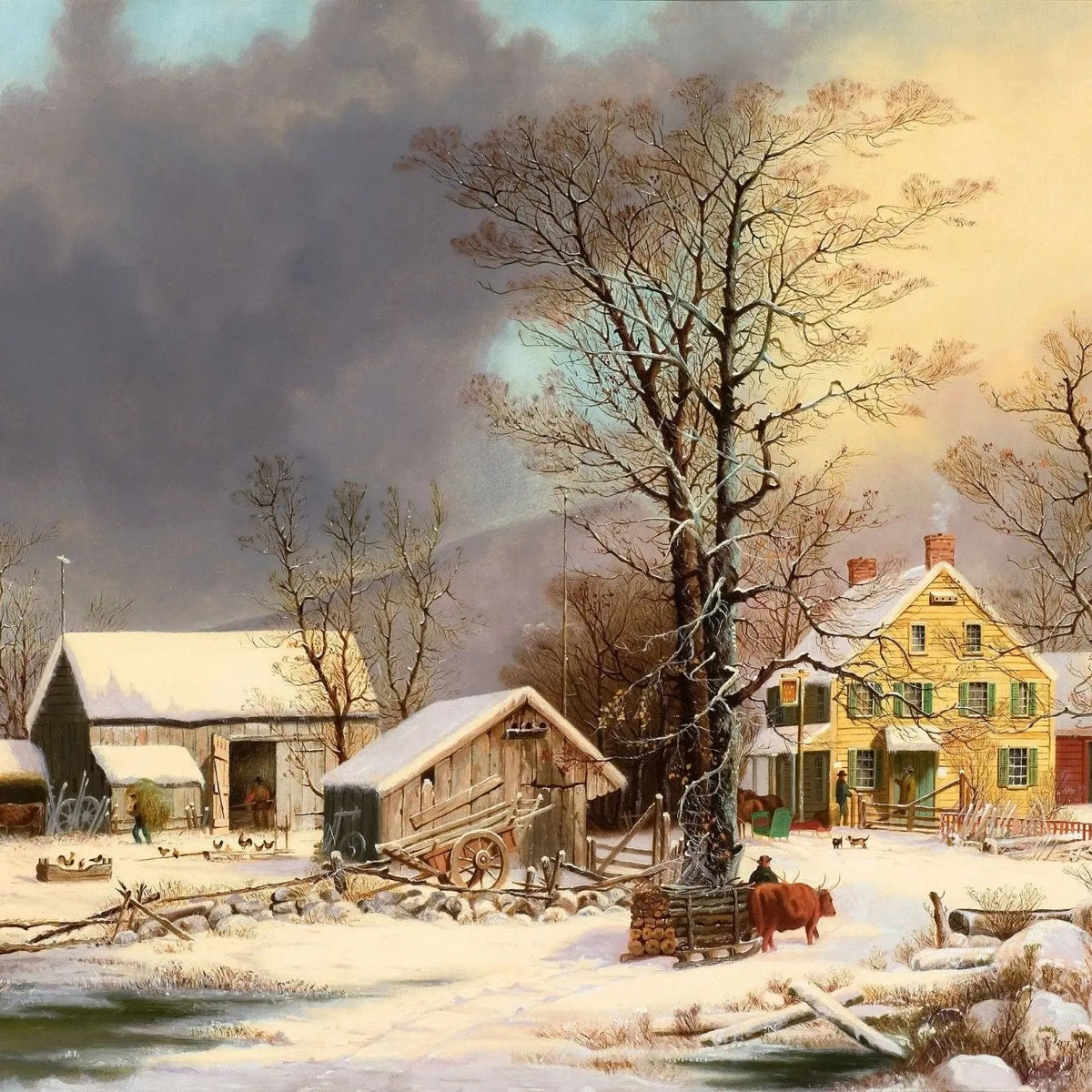 Landscape Oil Painting - Snowy Farm with Houses & Animals - Oil Painting Haven